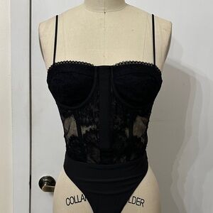 Cami NYC Black Lace Bustier Bodysuit with Sheer Panels